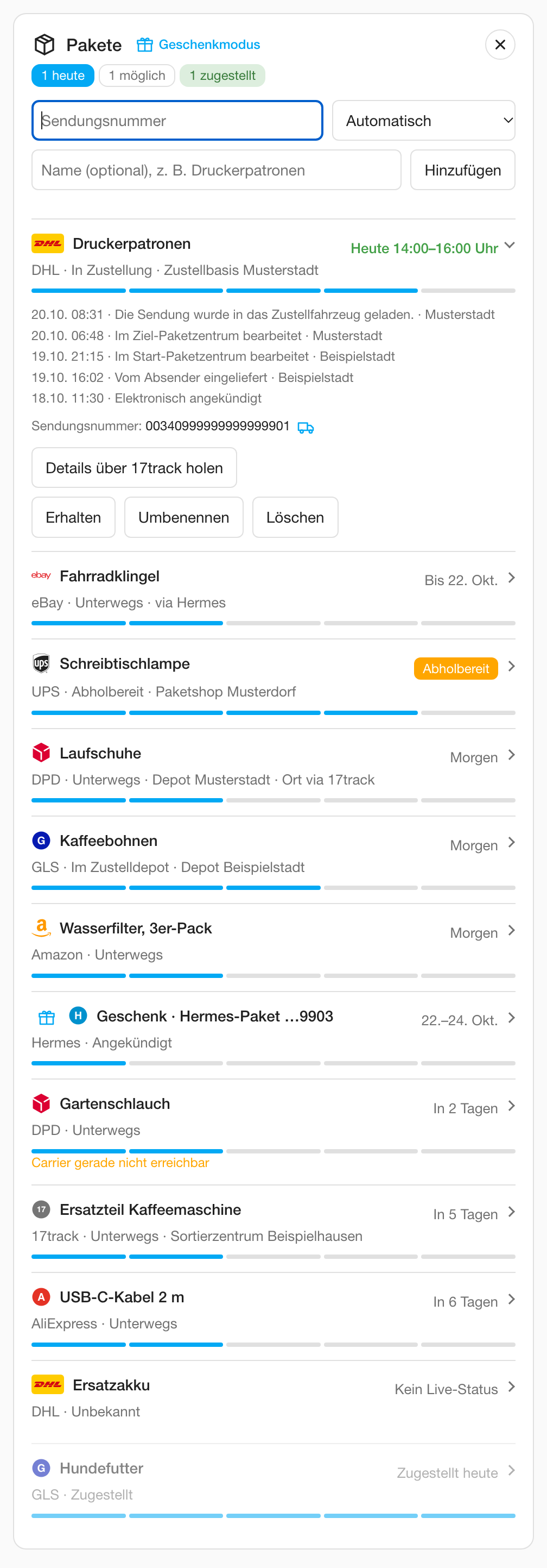 Die Karte mit geöffneter Eingabe und einem aufgeklappten DHL-Paket