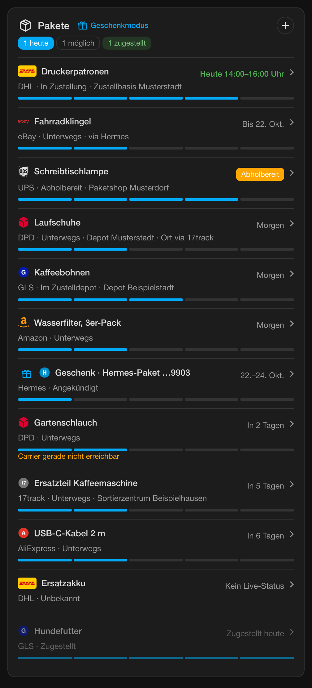 Die Paket-Tracker-Karte im dunklen Design