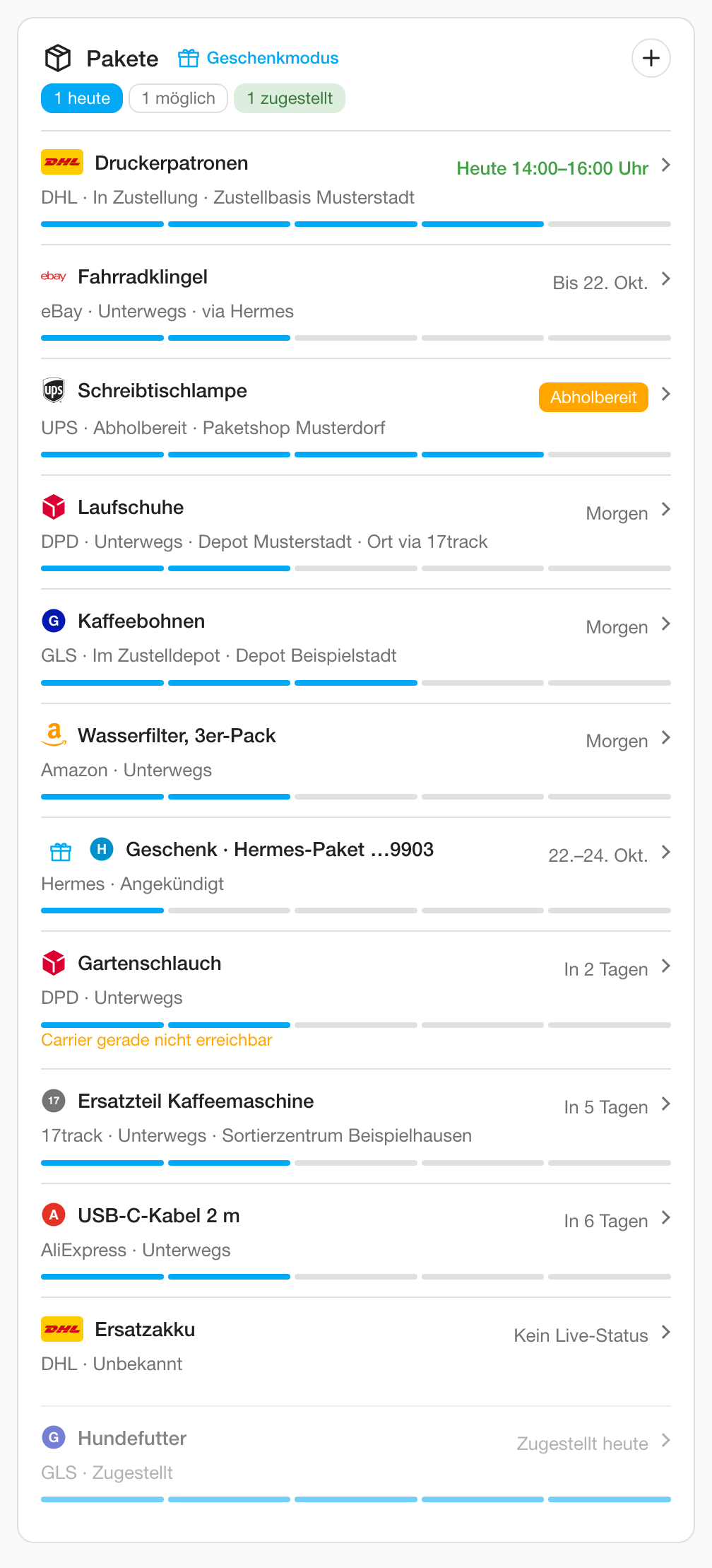 Die Paket-Tracker-Karte im hellen Design: zwölf Pakete mit Status, Fortschrittsbalken und Liefertermin